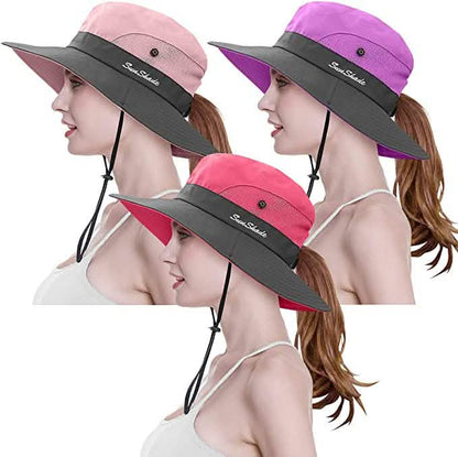 3-Piece: Women's Ponytail Wide Brim Sun Hat DailySale