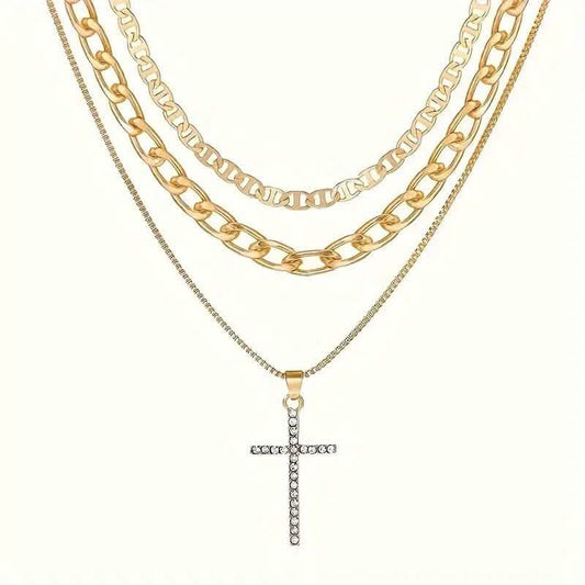 3-Piece: Women's Retro Luxury Artificial Crystal Cross Stackable Necklace Set DailySale