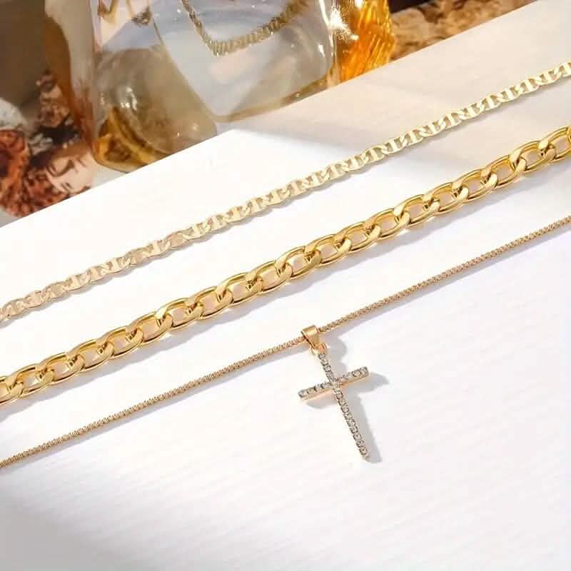 3-Piece: Women's Retro Luxury Artificial Crystal Cross Stackable Necklace Set DailySale