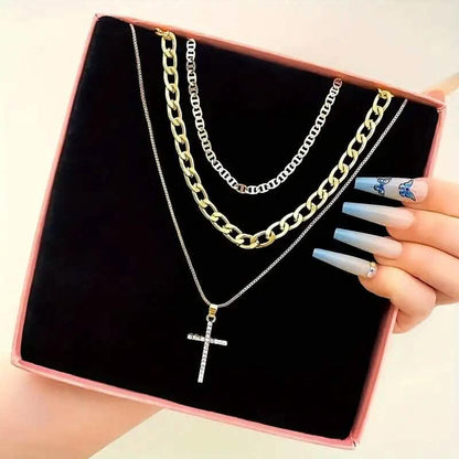 3-Piece: Women's Retro Luxury Artificial Crystal Cross Stackable Necklace Set DailySale