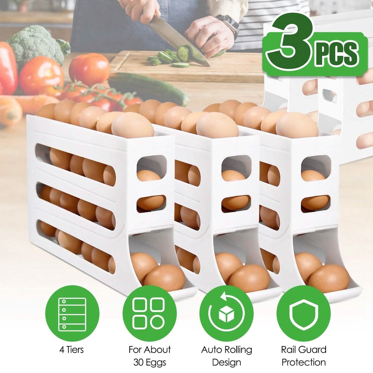 3-Pieces: 4-Tiers Egg Holder Auto Rolling Fridge Egg Organizer DailySale