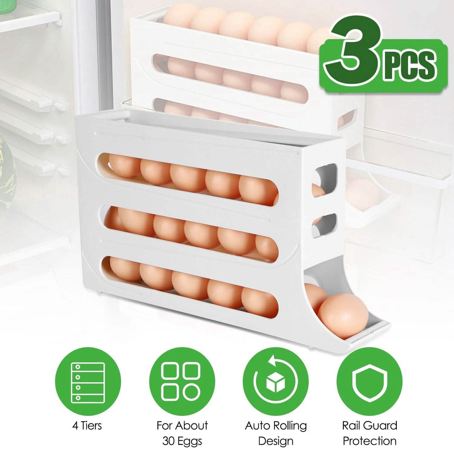 3-Pieces: 4-Tiers Egg Holder Auto Rolling Fridge Egg Organizer DailySale