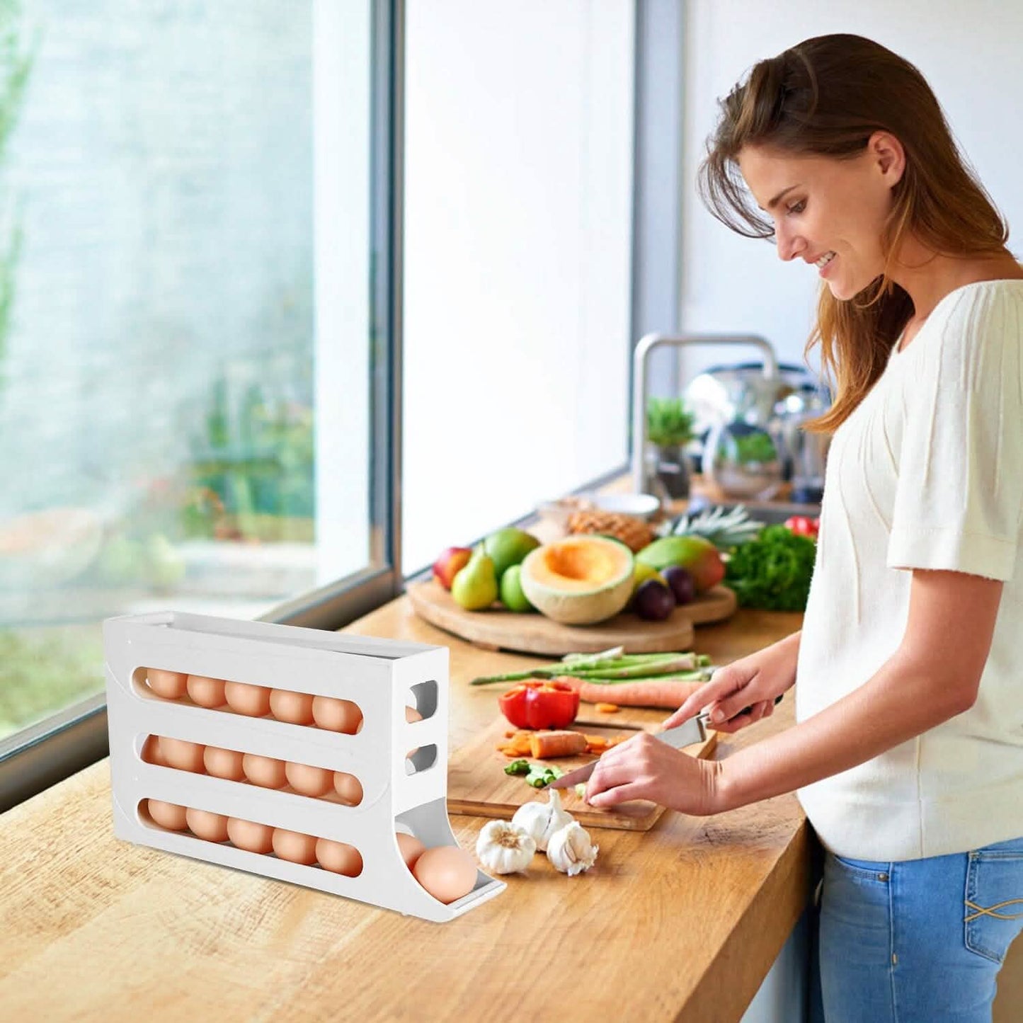 3-Pieces: 4-Tiers Egg Holder Auto Rolling Fridge Egg Organizer DailySale