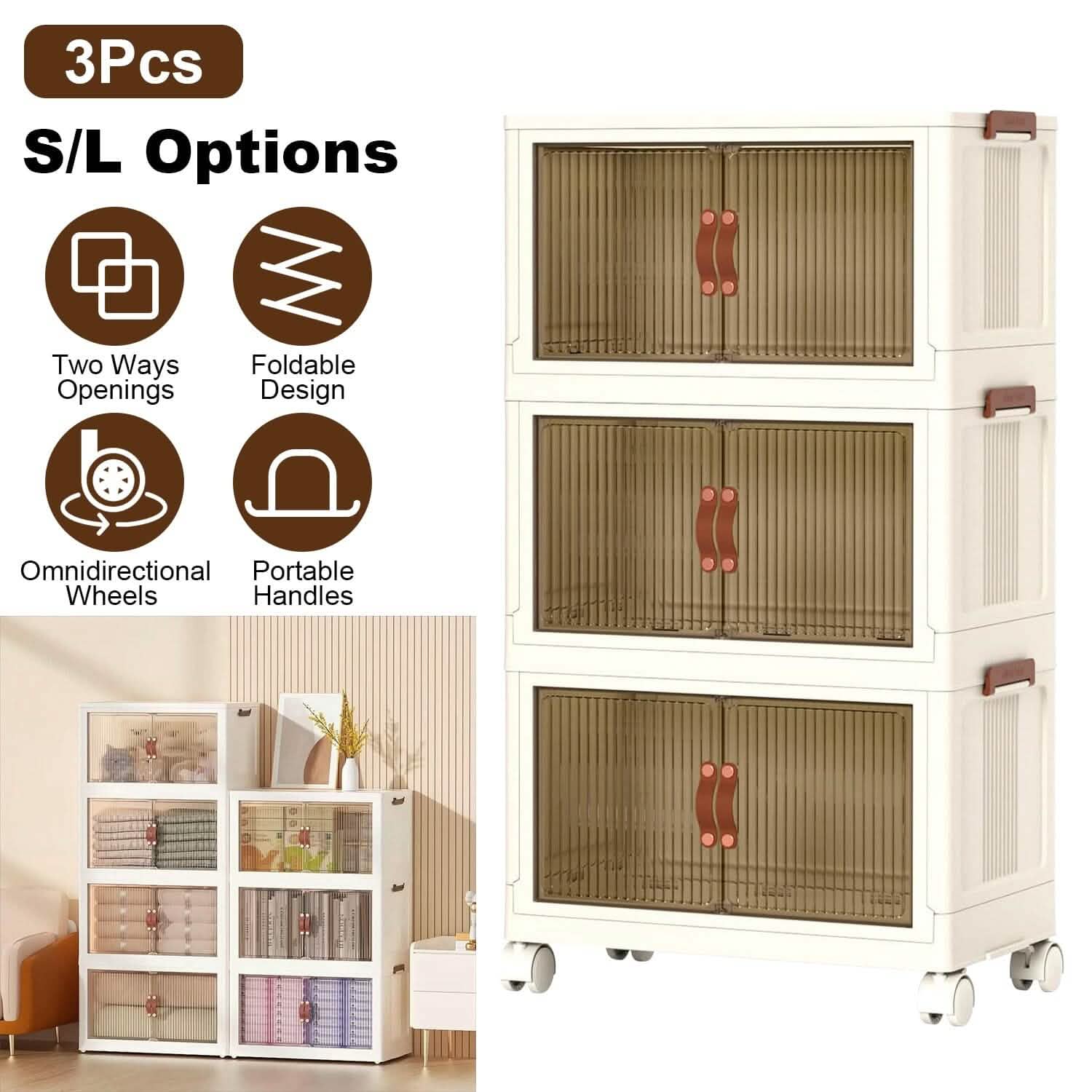 3-Pieces: Foldable Storage Bins with Lid Front Magnetic Door Collapsible Stackable Closet Organizer DailySale