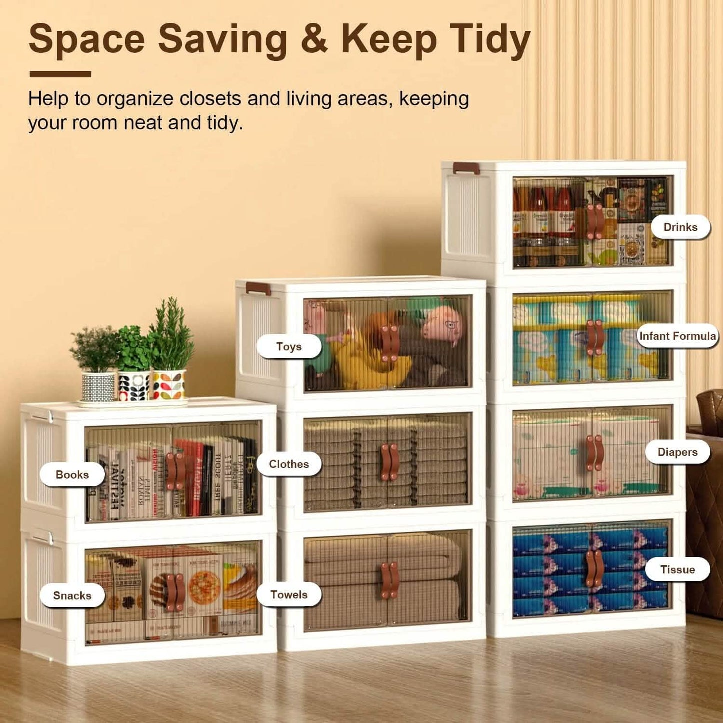 3-Pieces: Foldable Storage Bins with Lid Front Magnetic Door Collapsible Stackable Closet Organizer DailySale