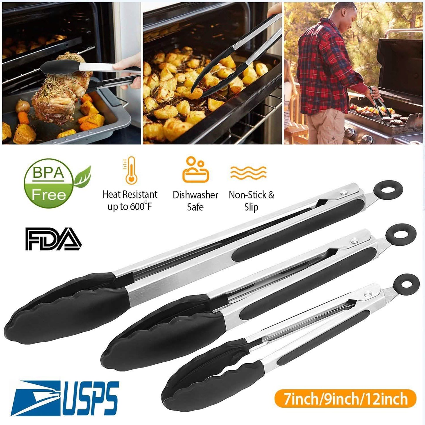 3-Pieces: Kitchen Tongs Stainless Steel with Silicon DailySale