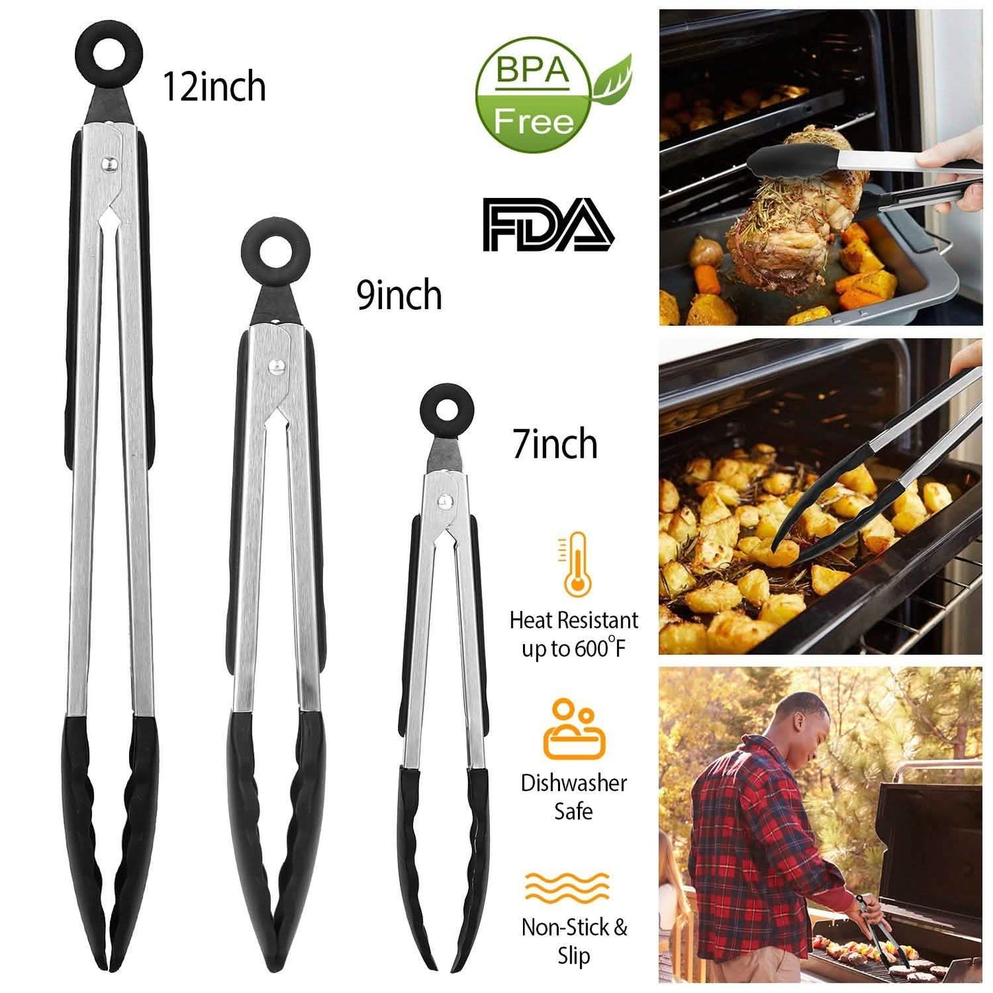 3-Pieces: Kitchen Tongs Stainless Steel with Silicon DailySale