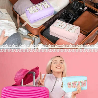 3-Pieces: PU Leather Waterproof Chenille Preppy Makeup Bag DailySale