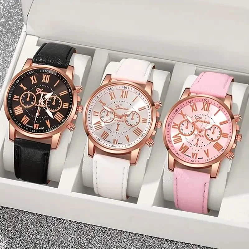 3-Pieces: Roman Quartz Women's Watches - Fashionable Round Dial with Faux Leather Strap DailySale