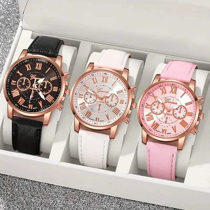 3-Pieces: Roman Quartz Women's Watches - Fashionable Round Dial with Faux Leather Strap DailySale
