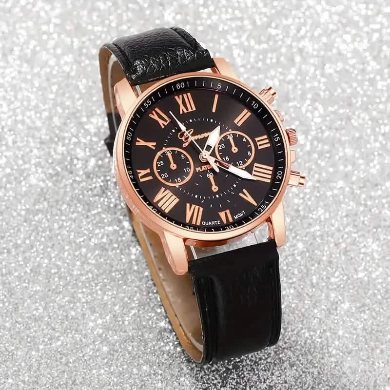 3-Pieces: Roman Quartz Women's Watches - Fashionable Round Dial with Faux Leather Strap DailySale