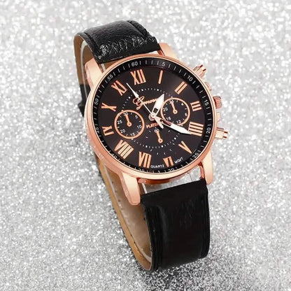 3-Pieces: Roman Quartz Women's Watches - Fashionable Round Dial with Faux Leather Strap DailySale