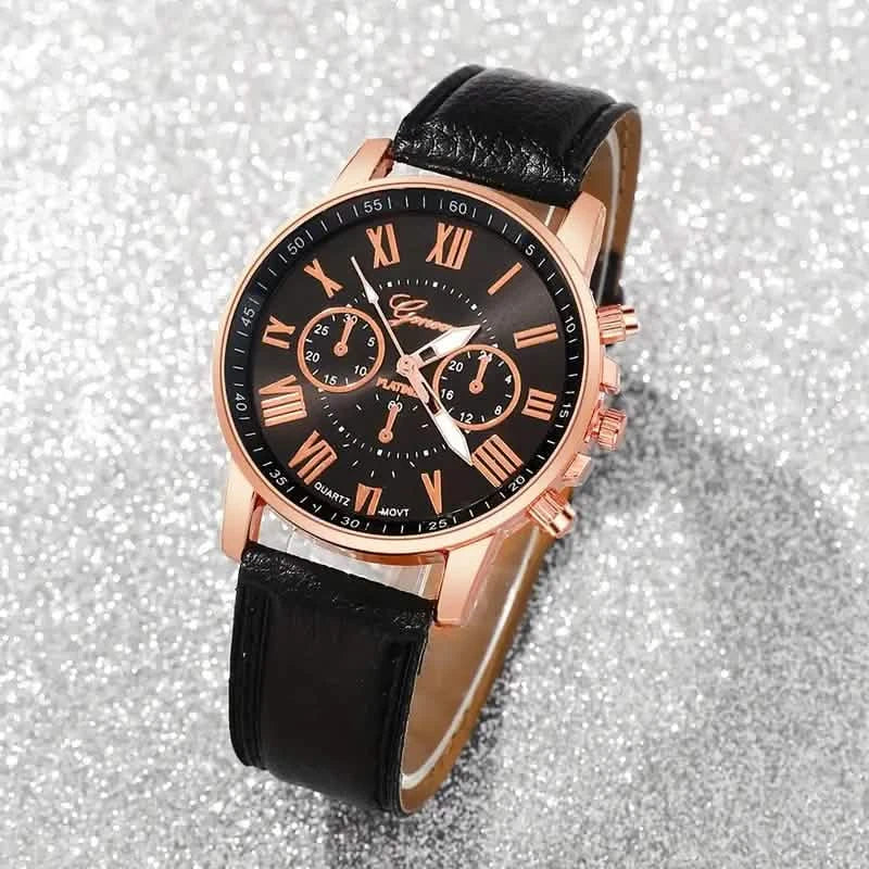 3-Pieces: Roman Quartz Women's Watches - Fashionable Round Dial with Faux Leather Strap DailySale