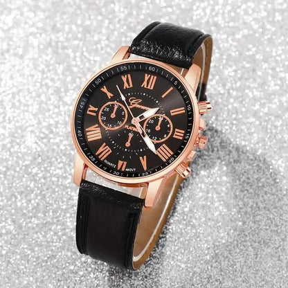 3-Pieces: Roman Quartz Women's Watches - Fashionable Round Dial with Faux Leather Strap DailySale