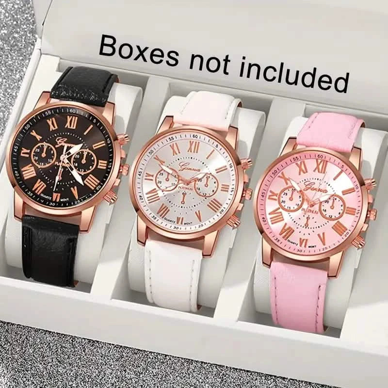 3-Pieces: Roman Quartz Women's Watches - Fashionable Round Dial with Faux Leather Strap DailySale