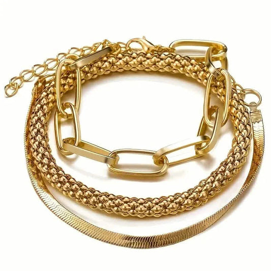 3-Pieces Set: Vintage Golden Color Snake Bone Chain Multilayer Bracelet DailySale