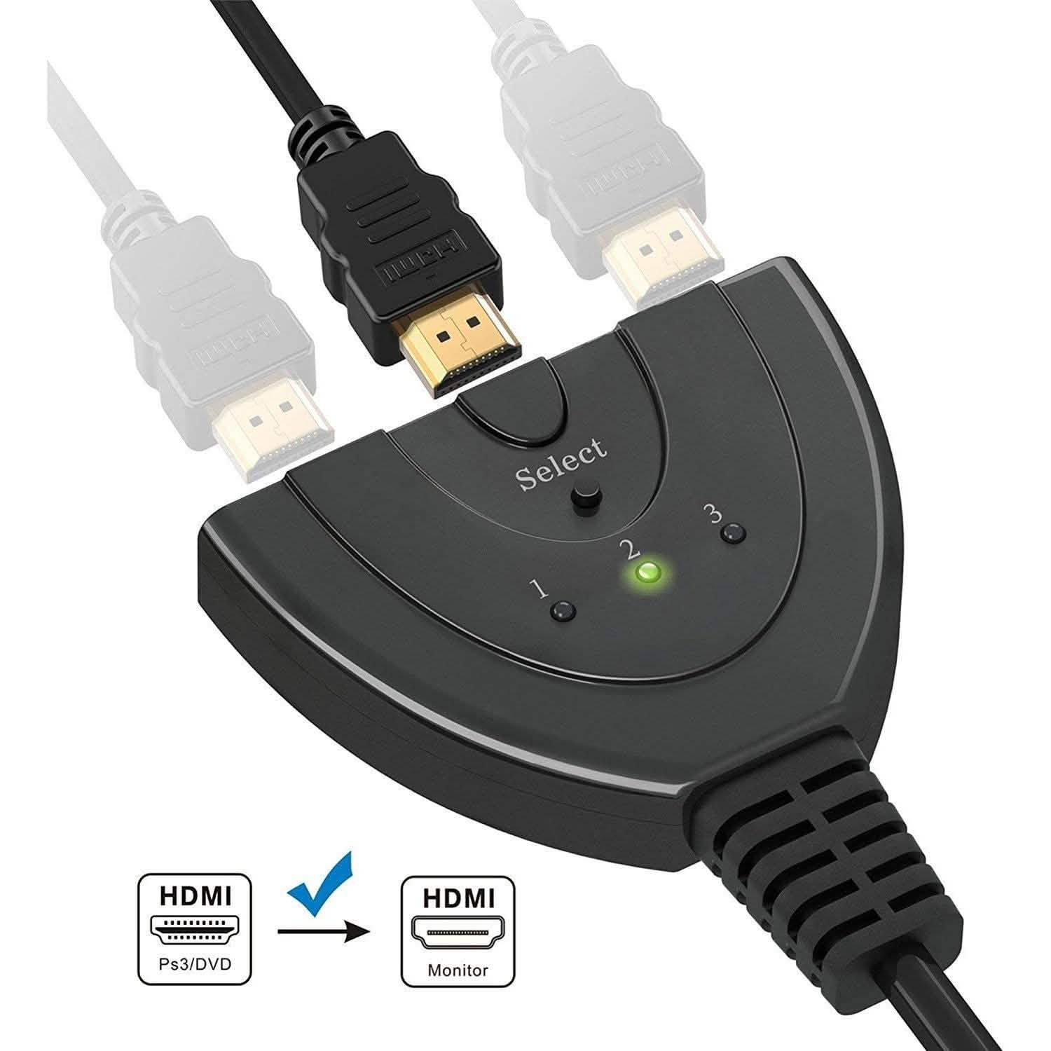 3-Port HDMI Switcher, Splitter, Supports Full HD1080p, 3D with High Speed Pigtail Cable DailySale