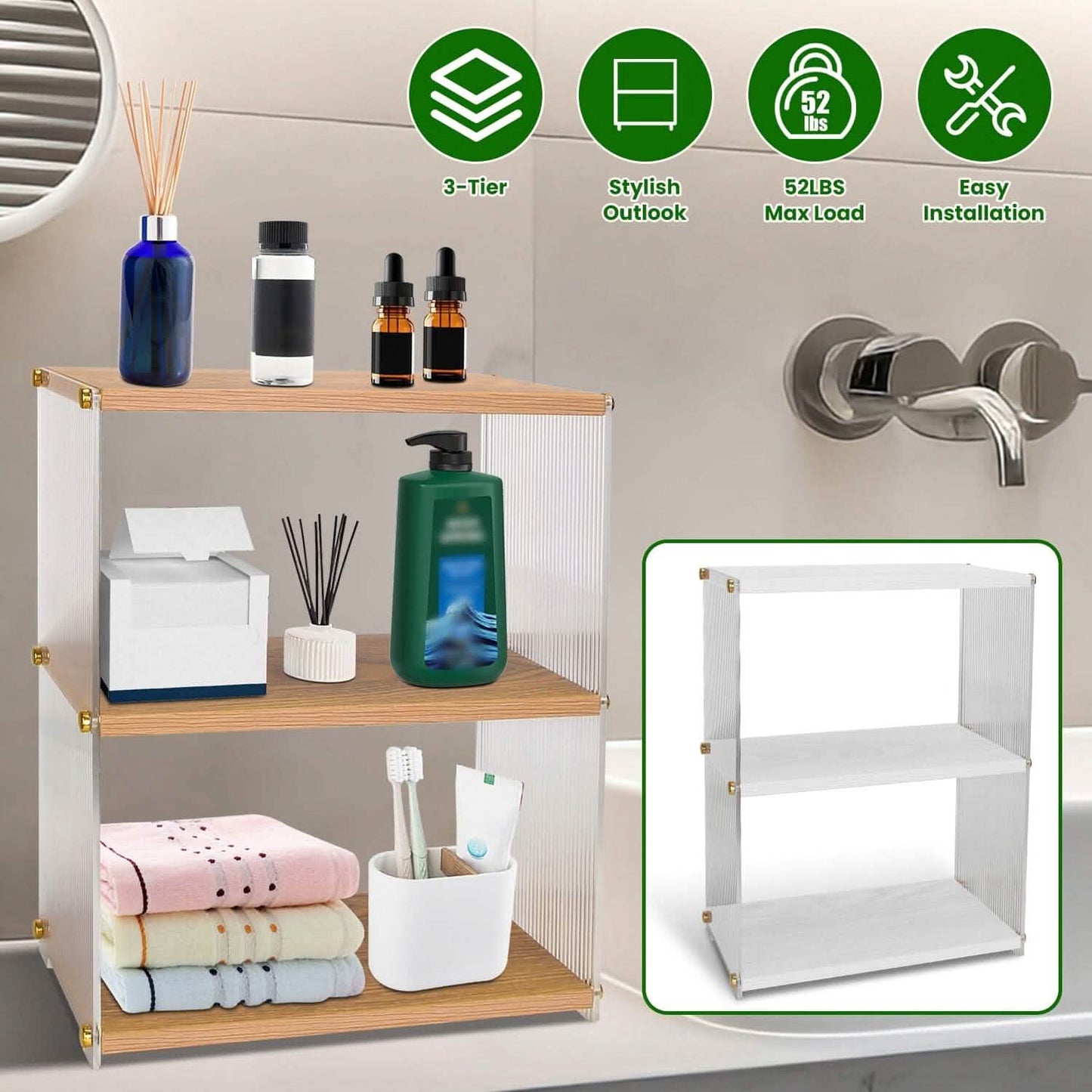 3-Tier: Acrylic Countertop Organizer Bathroom Wood Counter Storage DailySale