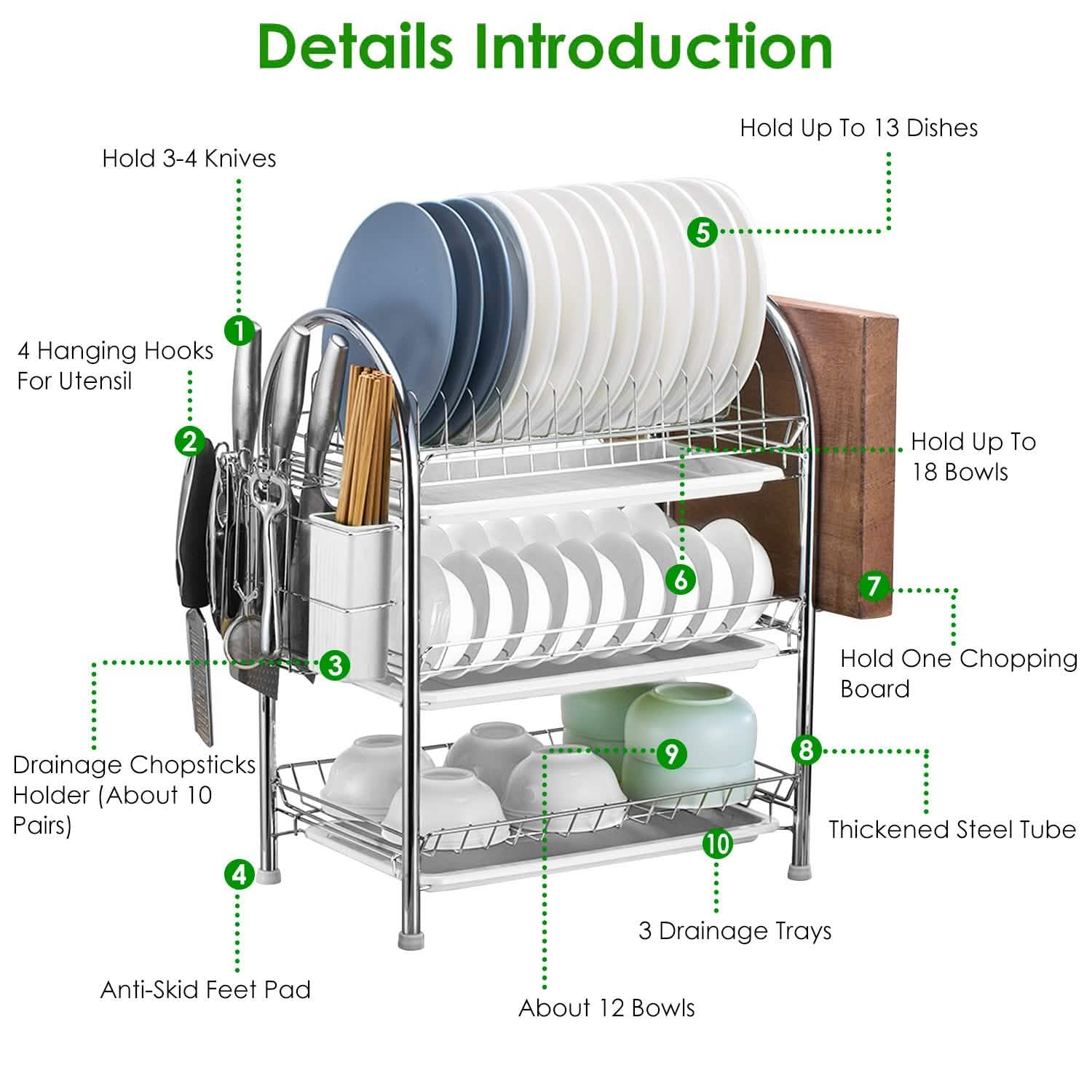 3-Tier Dish Drying Rack Shelf with 3 Drain Trays Chopping Board DailySale
