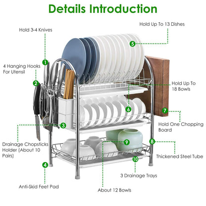 3-Tier Dish Drying Rack Shelf with 3 Drain Trays Chopping Board DailySale