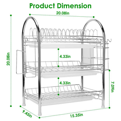 3-Tier Dish Drying Rack Shelf with 3 Drain Trays Chopping Board DailySale