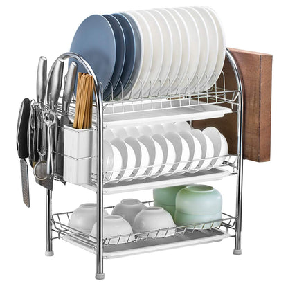 3-Tier Dish Drying Rack Shelf with 3 Drain Trays Chopping Board DailySale