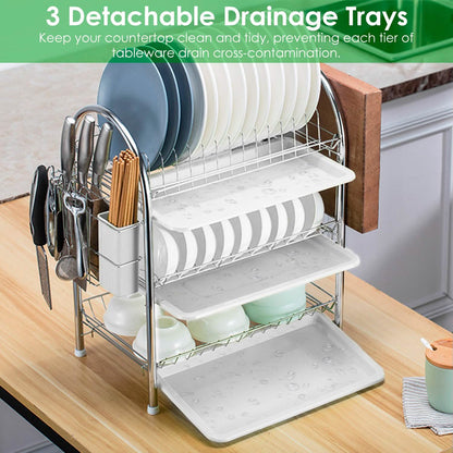 3-Tier Dish Drying Rack Shelf with 3 Drain Trays Chopping Board DailySale