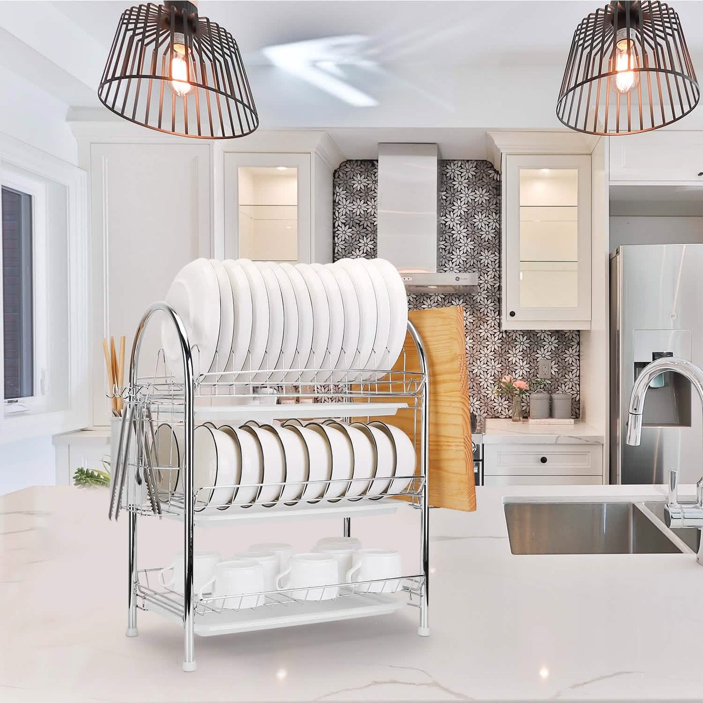 3-Tier Dish Drying Rack Shelf with 3 Drain Trays Chopping Board DailySale