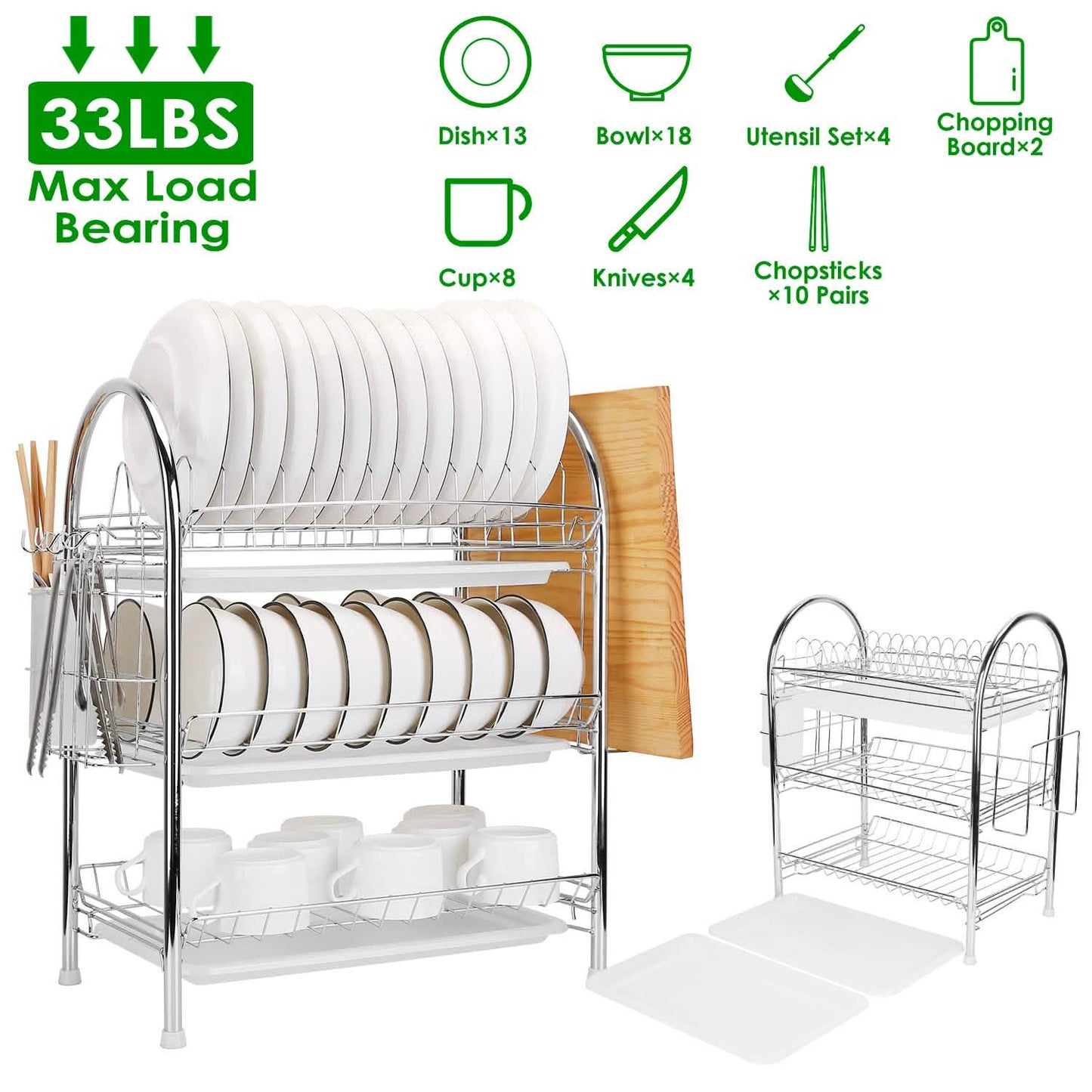 3-Tier Dish Drying Rack Shelf with 3 Drain Trays Chopping Board DailySale