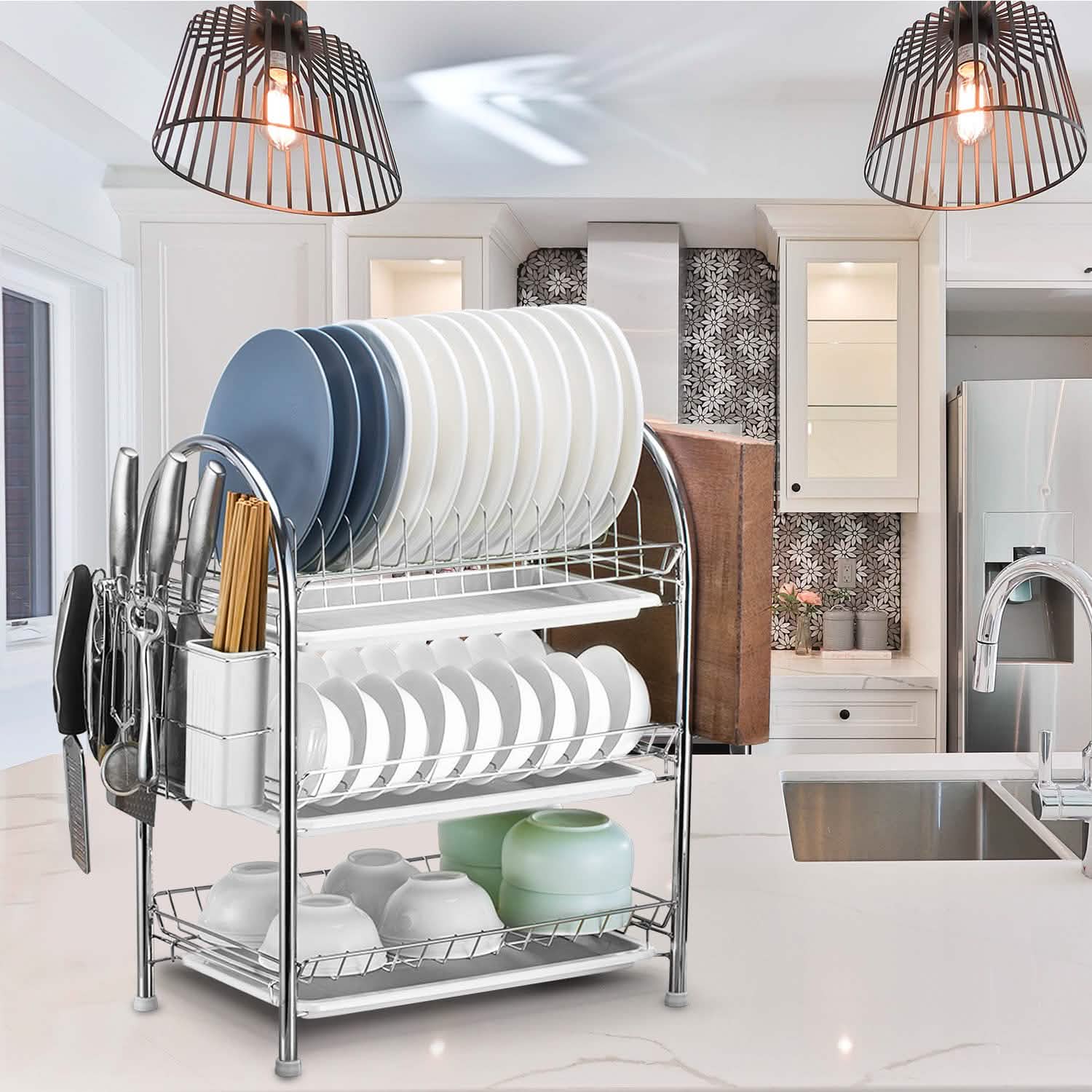 3-Tier Dish Drying Rack Shelf with 3 Drain Trays Chopping Board DailySale