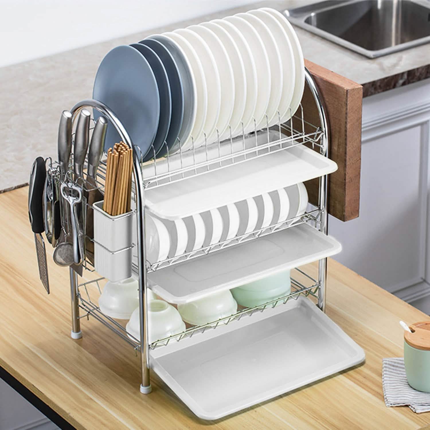 3-Tier Dish Drying Rack Shelf with 3 Drain Trays Chopping Board DailySale