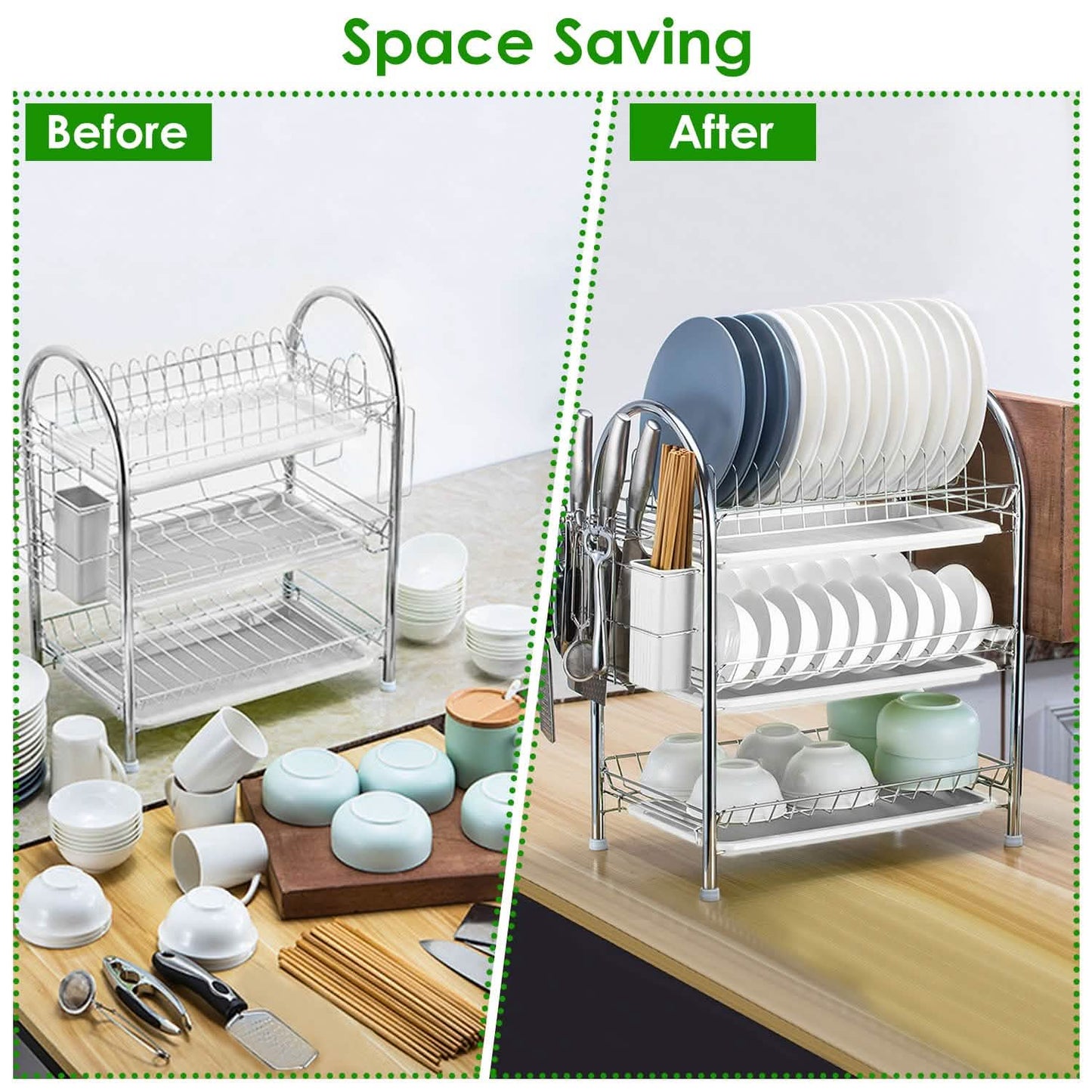 3-Tier Dish Drying Rack Shelf with 3 Drain Trays Chopping Board DailySale
