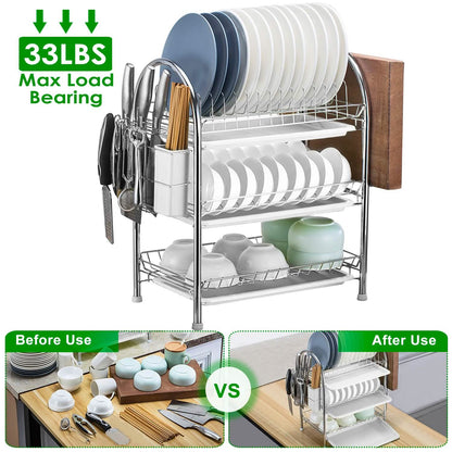3-Tier Dish Drying Rack Shelf with 3 Drain Trays Chopping Board DailySale