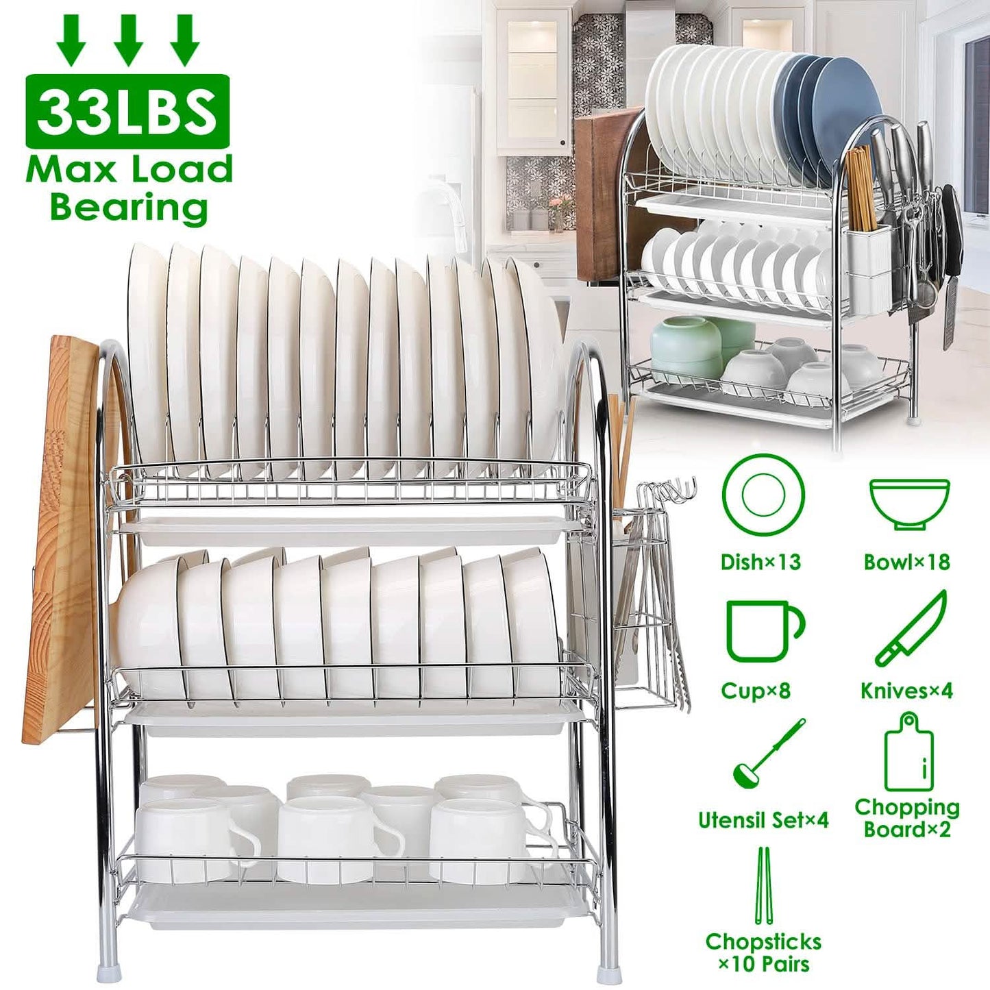 3-Tier Dish Drying Rack Shelf with 3 Drain Trays Chopping Board DailySale