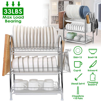 3-Tier Dish Drying Rack Shelf with 3 Drain Trays Chopping Board DailySale