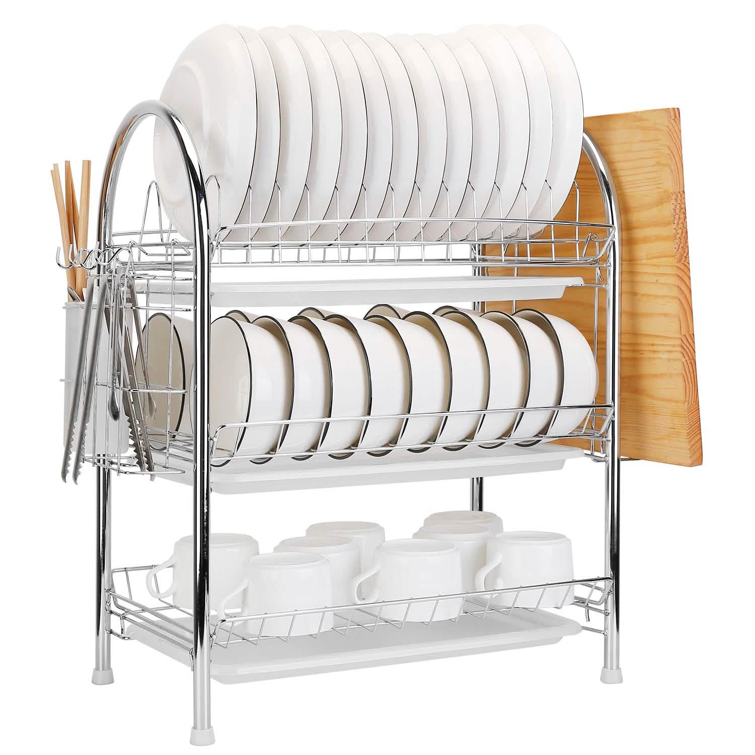 3-Tier Dish Drying Rack Shelf with 3 Drain Trays Chopping Board DailySale