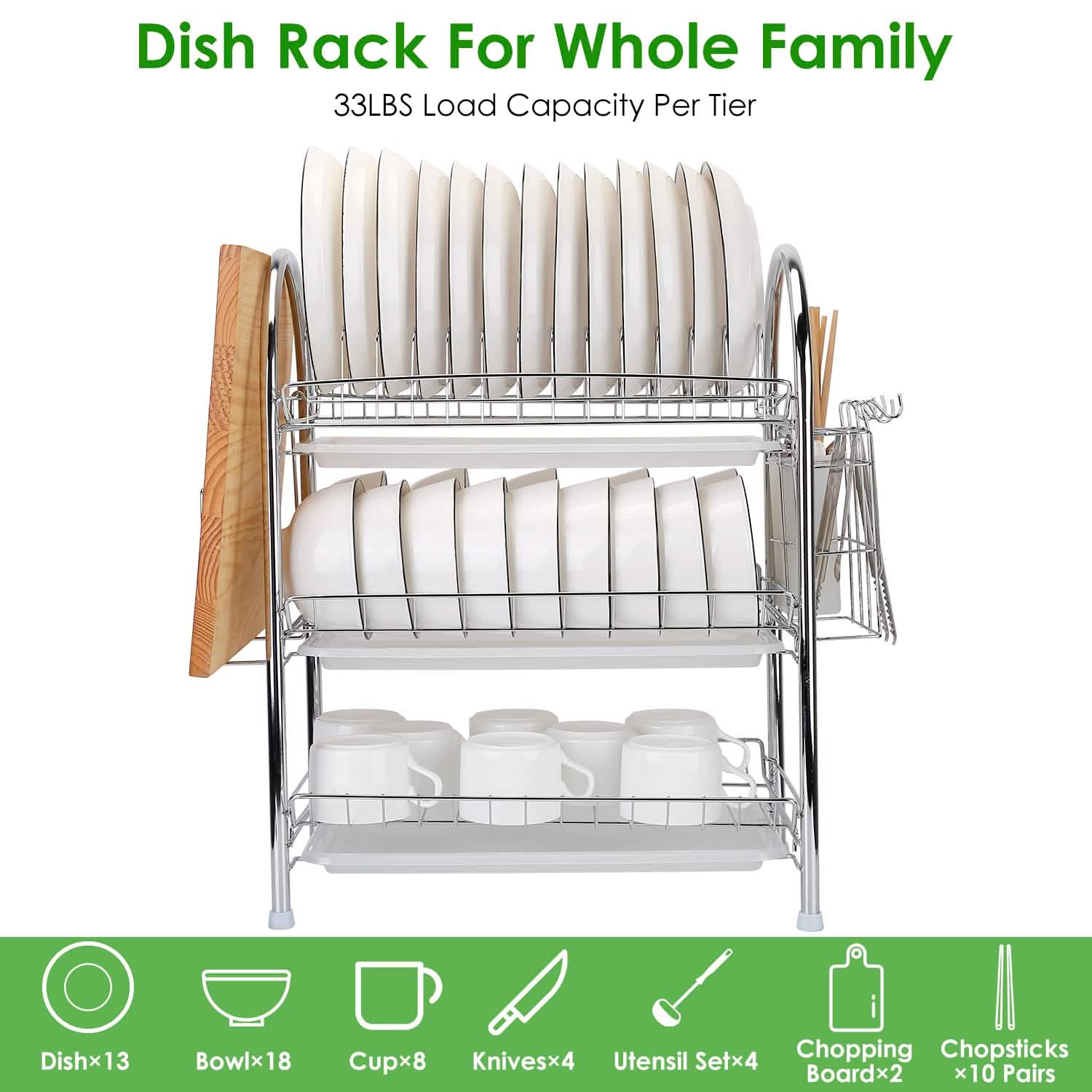 3-Tier Dish Drying Rack Shelf with 3 Drain Trays Chopping Board DailySale