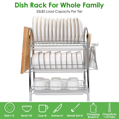 3-Tier Dish Drying Rack Shelf with 3 Drain Trays Chopping Board DailySale