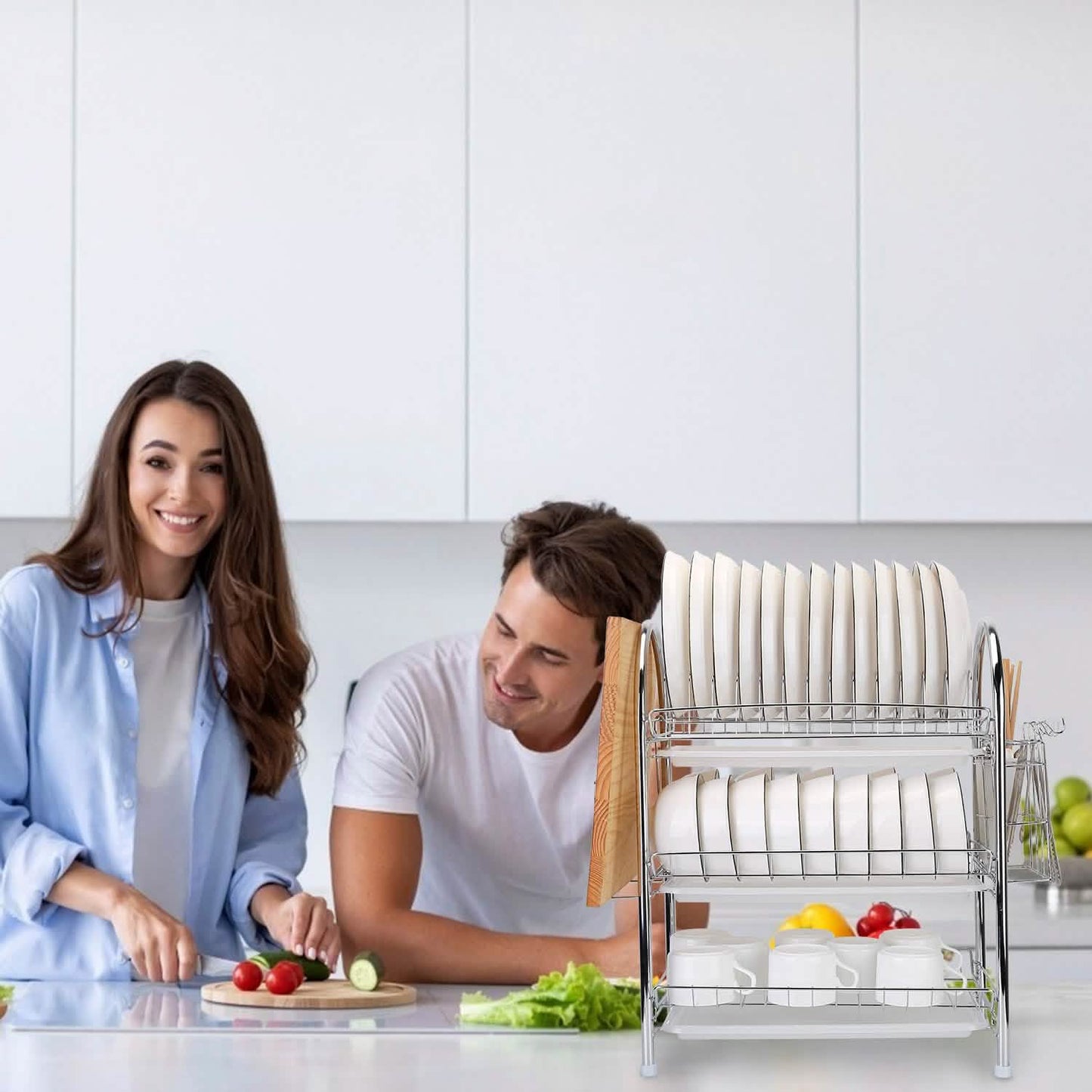 3-Tier Dish Drying Rack Shelf with 3 Drain Trays Chopping Board DailySale