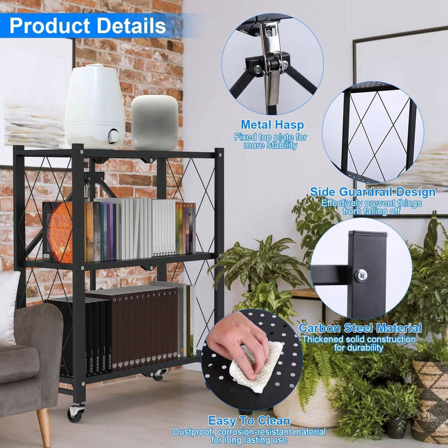3-Tier Foldable Storage Shelf with Lockable Wheels No Assembly DailySale