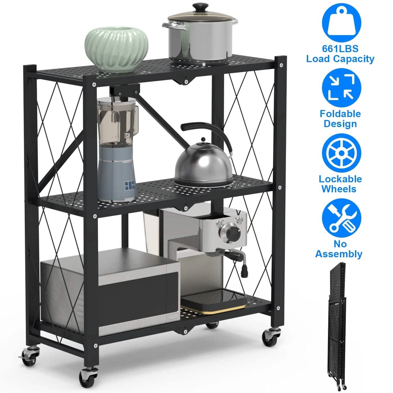 3-Tier Foldable Storage Shelf with Lockable Wheels No Assembly DailySale