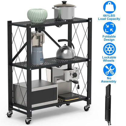 3-Tier Foldable Storage Shelf with Lockable Wheels No Assembly DailySale