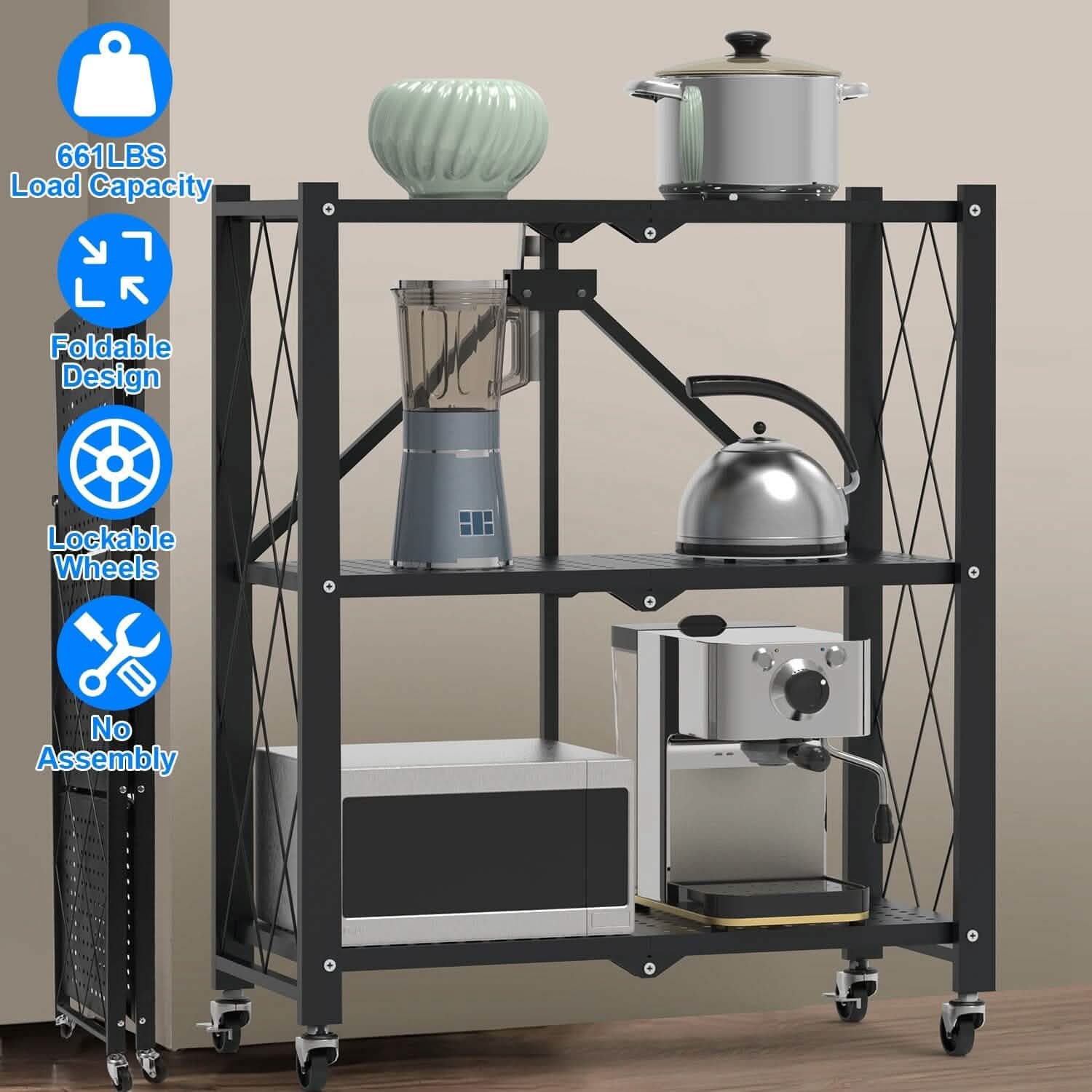 3-Tier Foldable Storage Shelf with Lockable Wheels No Assembly DailySale