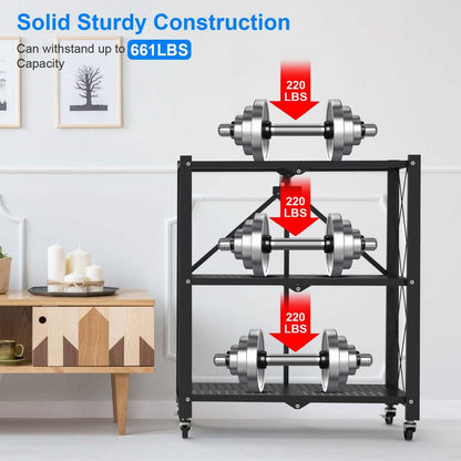 3-Tier Foldable Storage Shelf with Lockable Wheels No Assembly DailySale