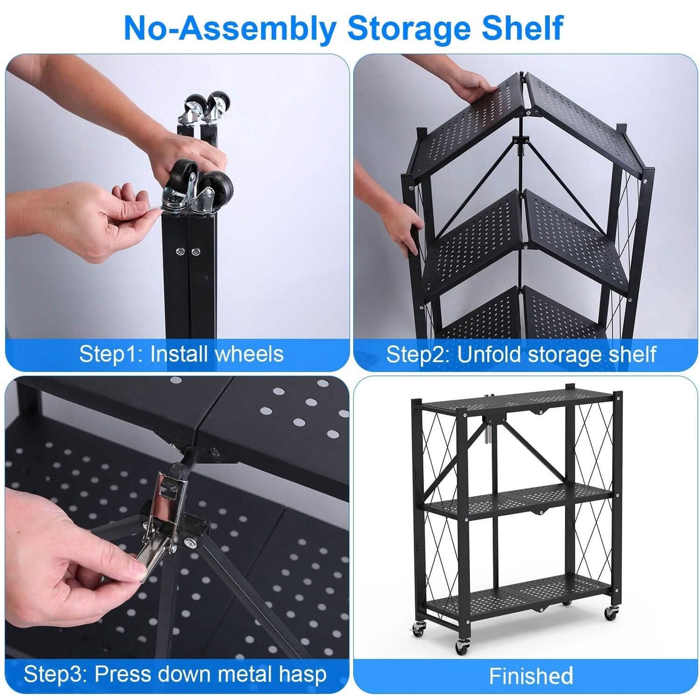 3-Tier Foldable Storage Shelf with Lockable Wheels No Assembly DailySale