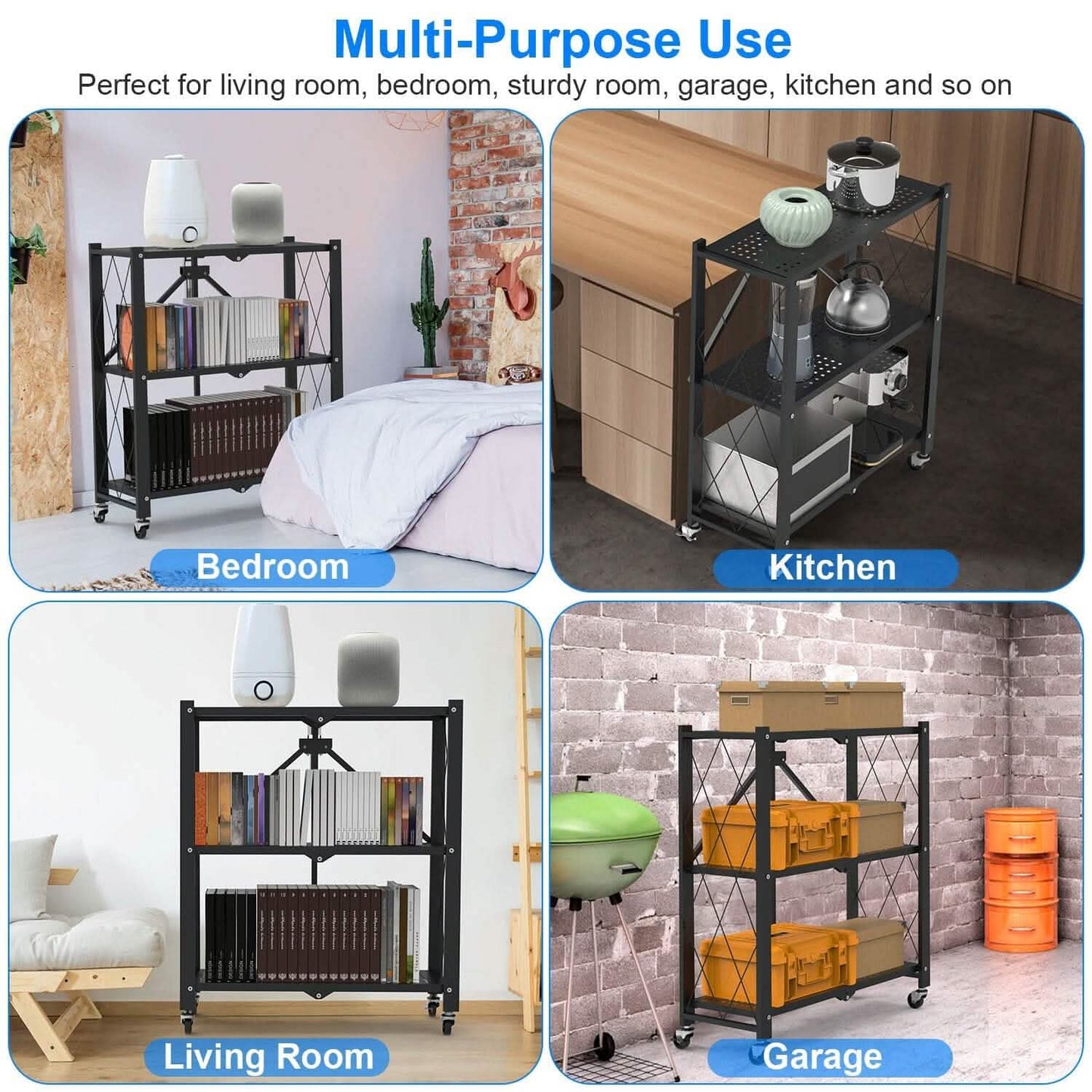 3-Tier Foldable Storage Shelf with Lockable Wheels No Assembly DailySale