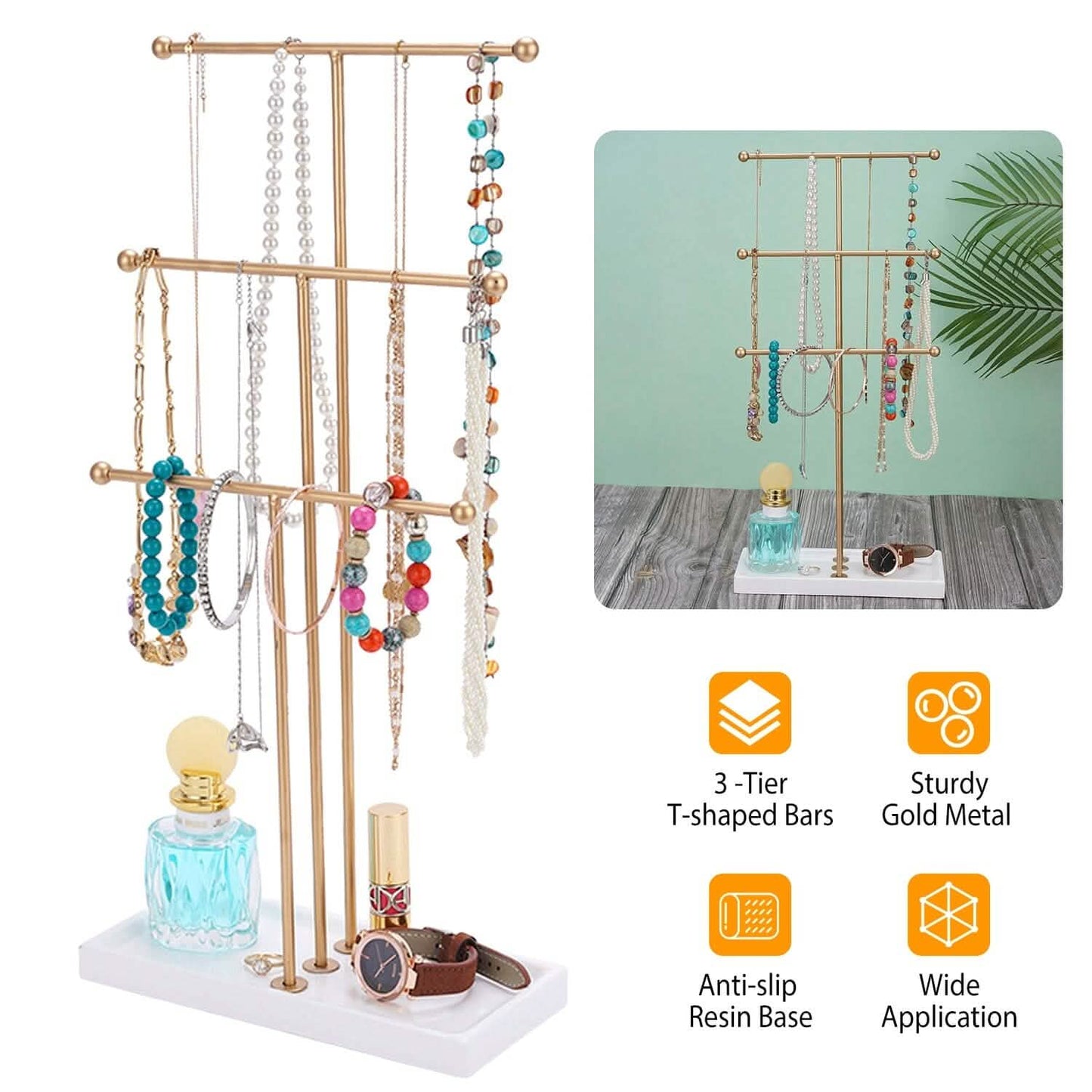 3-Tier Gold Metal Tabletop Jewelry Tree Stand DailySale