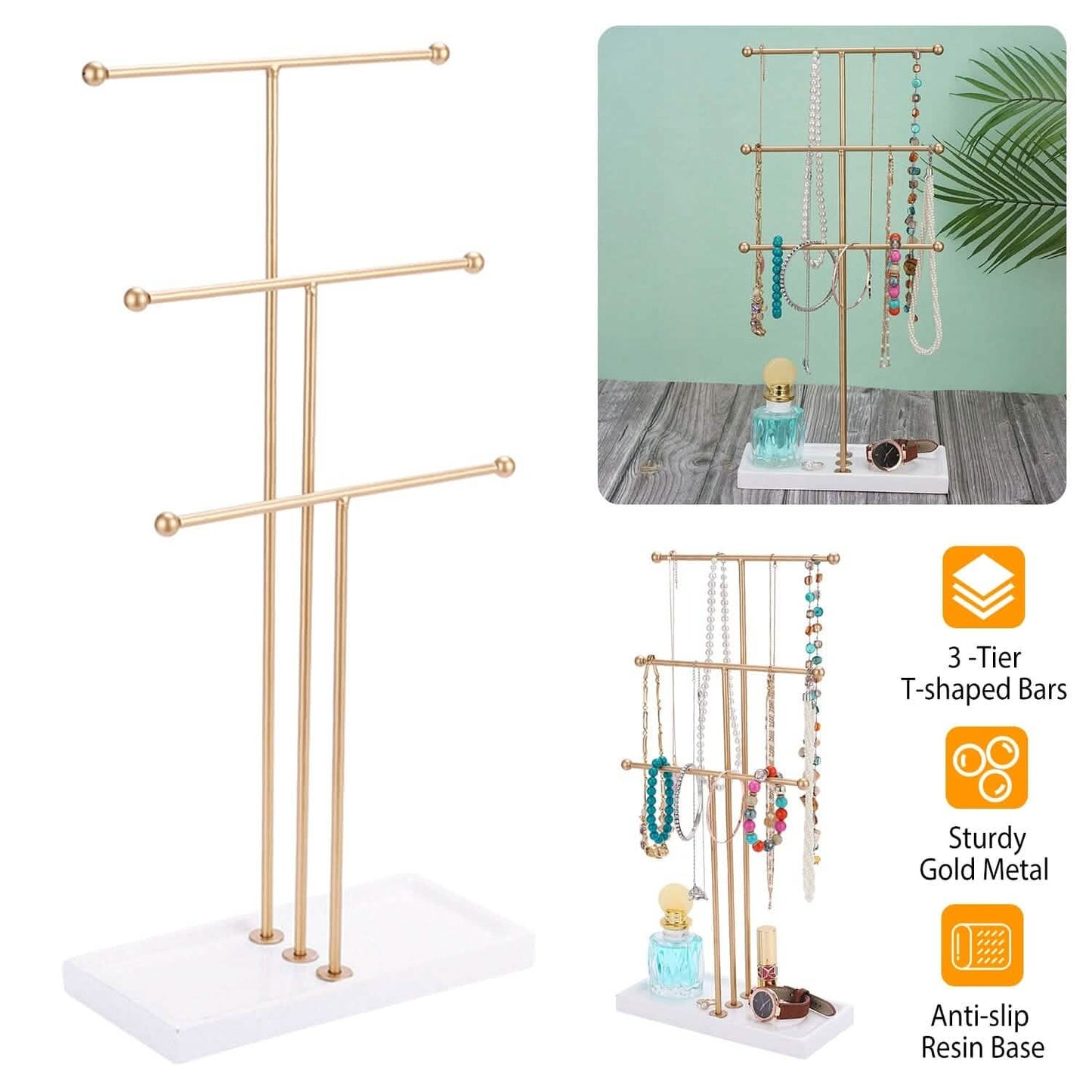 3-Tier Gold Metal Tabletop Jewelry Tree Stand DailySale