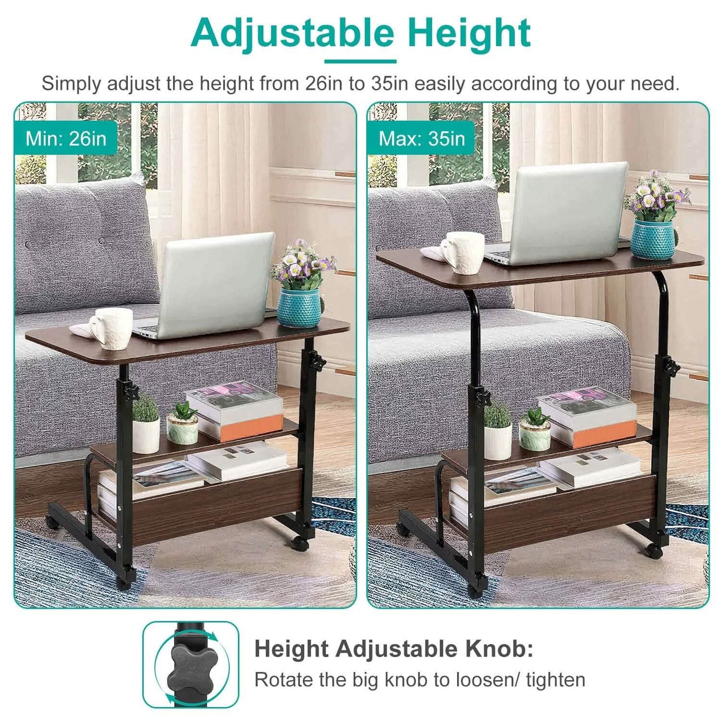 3-Tier Height Adjustable Laptop Desk with Rolling Wheels DailySale