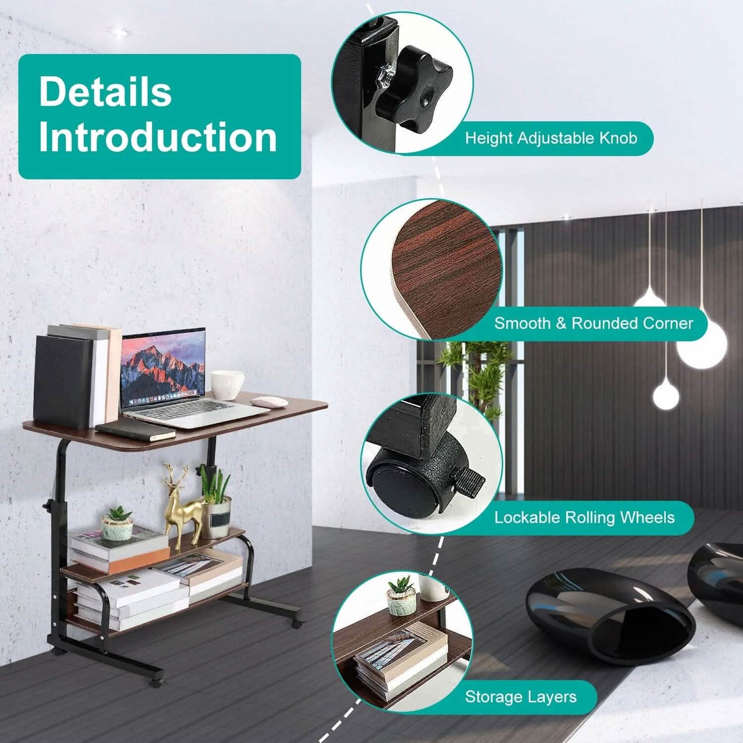 3-Tier Height Adjustable Laptop Desk with Rolling Wheels DailySale